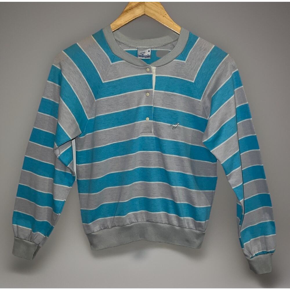 Vintage Wrangler Henley Top Shirt - Blue Gray White Striped -Longsleeve - Sz M